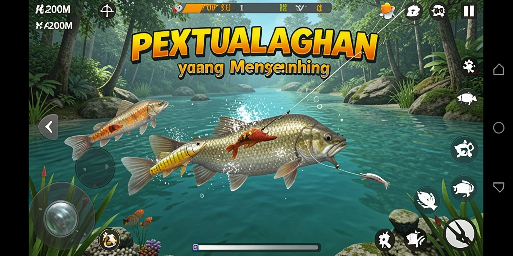 Tampilan gameplay A200M saat menangkap ikan di danau