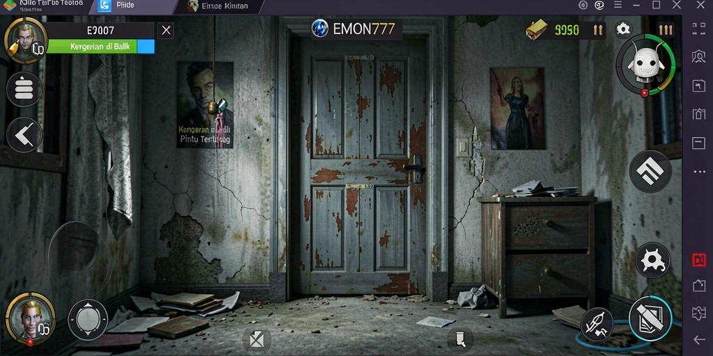 Screenshot gameplay EMON777 menampilkan ketegangan saat menjelajahi ruang angker.
