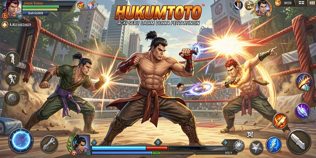 Tampilan gameplay HUKUMTOTO saat bertarung dengan karakter karakter unik.