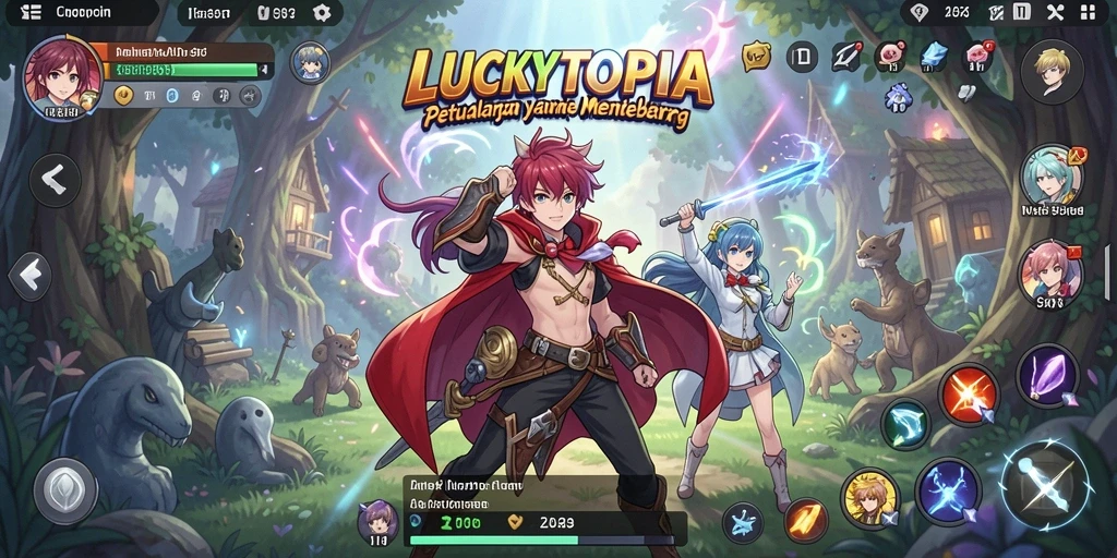 Screenshot gameplay LUCKYTOPIA dengan karakter anime yang penuh warna.