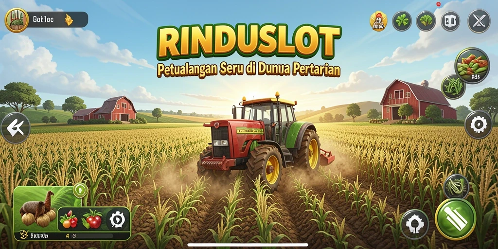 Tampilan gameplay RINDUSLOT saat bertani di kebun hijau.