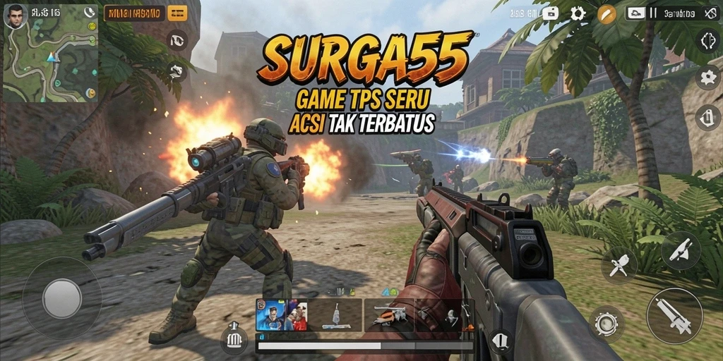 Tangkapan layar utama SURGA55 menampilkan gameplay TPS yang dinamis.