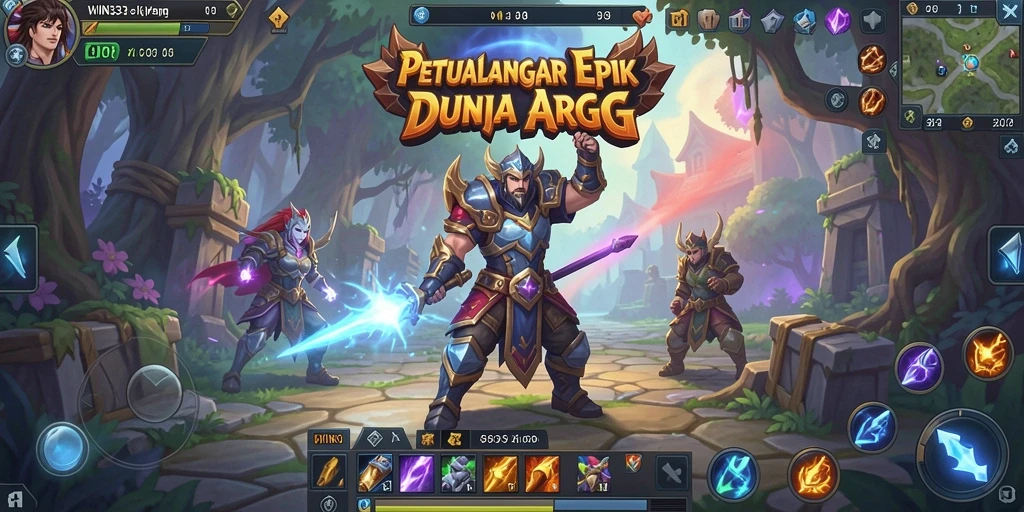 Screenshot gameplay WIN33 menampilkan pertarungan epik dalam dunia fantastis ARPG.